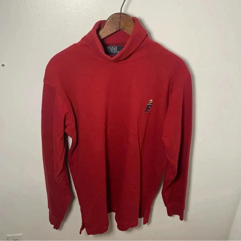Men’s Ralph Lauren Polo Turtleneck Bear Sweater - 100% Cotton - Red Size Large - Picture 1 of 8